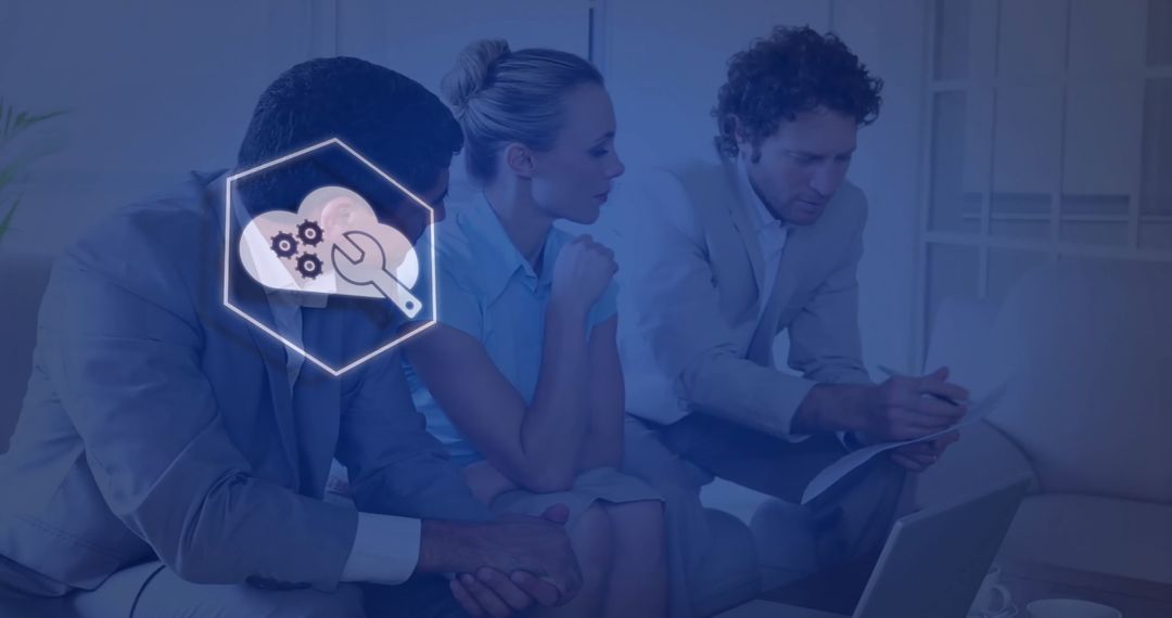 Business Team Collaborating with Cloud Technology Overlay