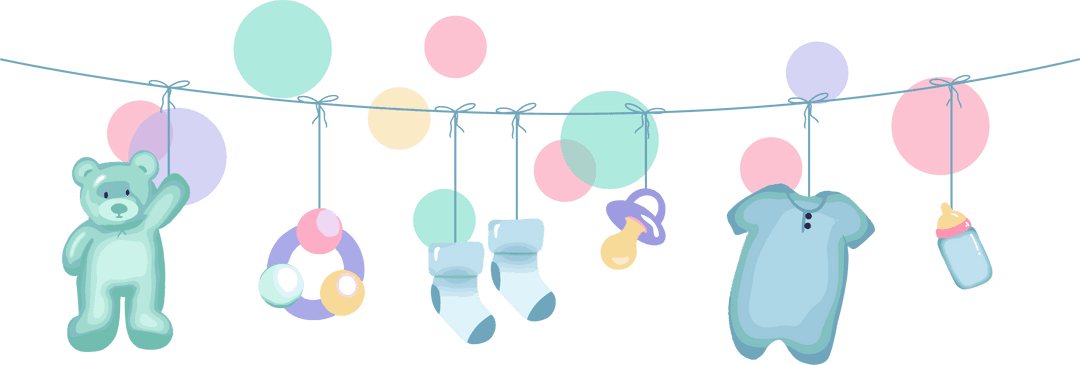 Pastel Nursery Clothesline with Teddy and Baby Items on Transparent Backdrop