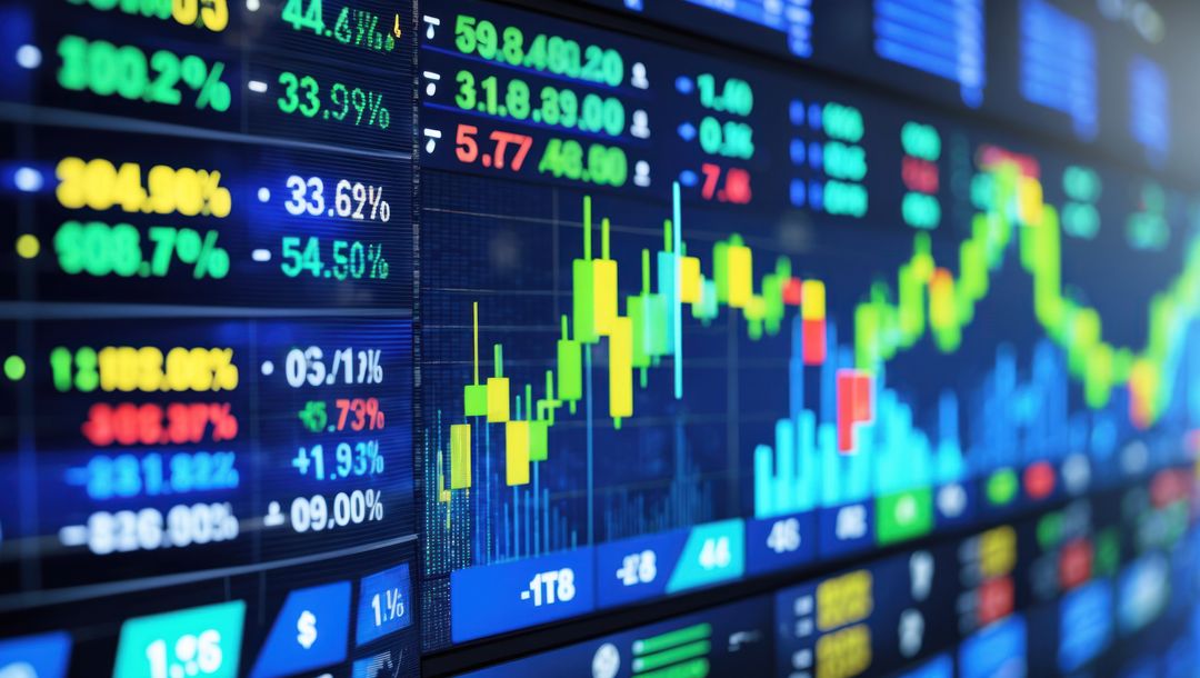 Dynamic Candlestick Charts Displayed on Trading Screens in Financial Center