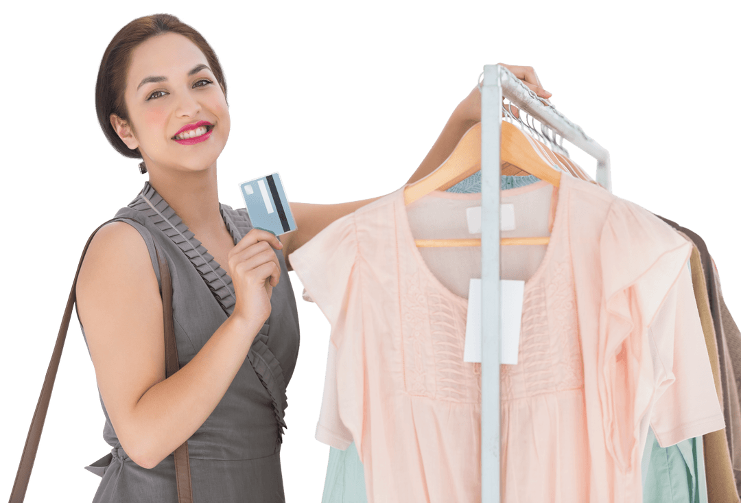Caucasian Woman with Credit Card and Clothes on Transparent Background