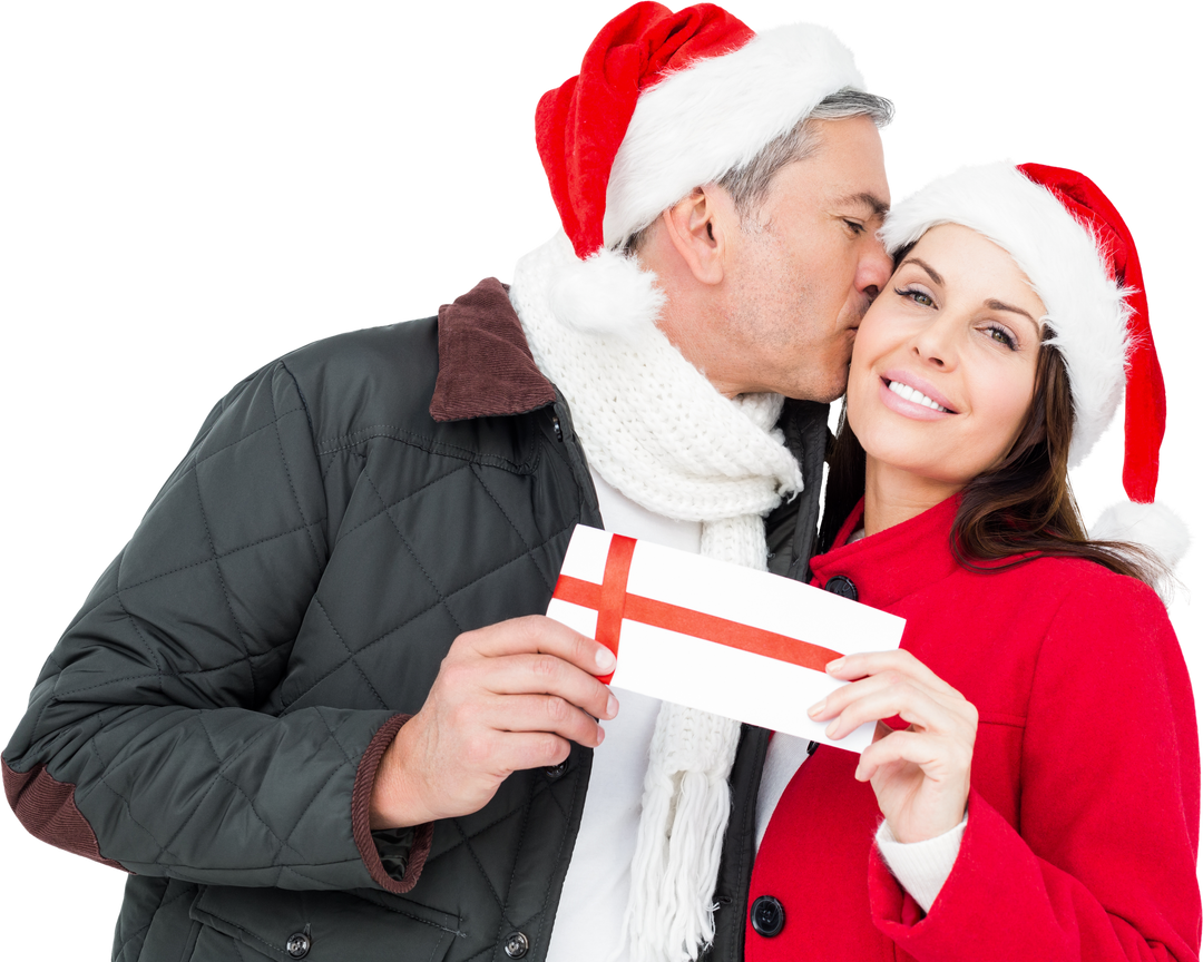 Festive Romantic Couple in Santa Hats Holding Christmas Gift and Kissing - Download Free Stock Images Pikwizard.com