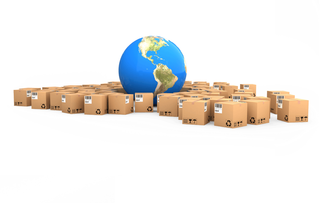 Transparent Globe with Cardboard Boxes for International Shipping Concept