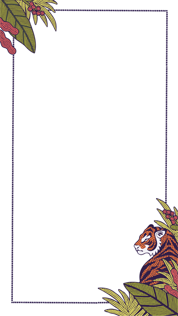 Tiger and botanical halftone frame with copy space, transparent style