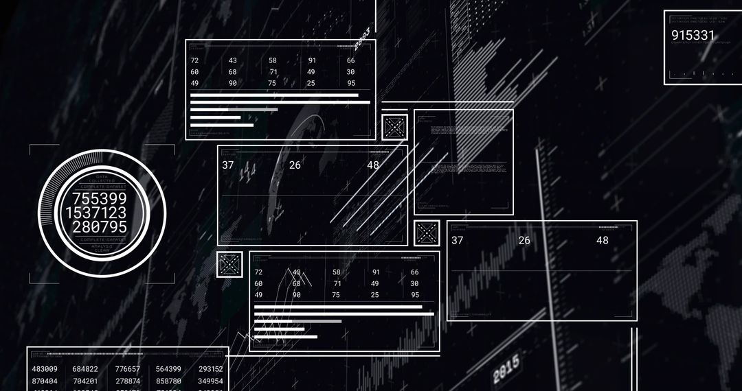 Futuristic Digital Interface with Circular Gauge and Data Panels