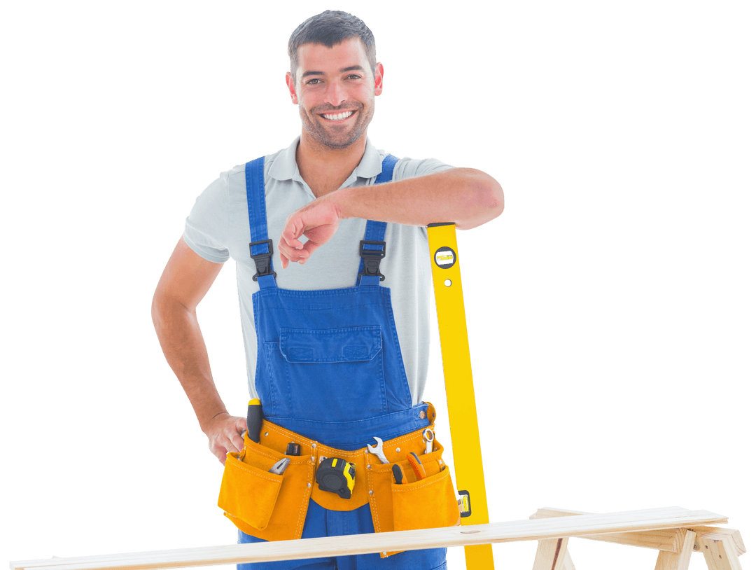 Smiling Carpenter in Overalls with Tools and Spirit Level Transparent Background