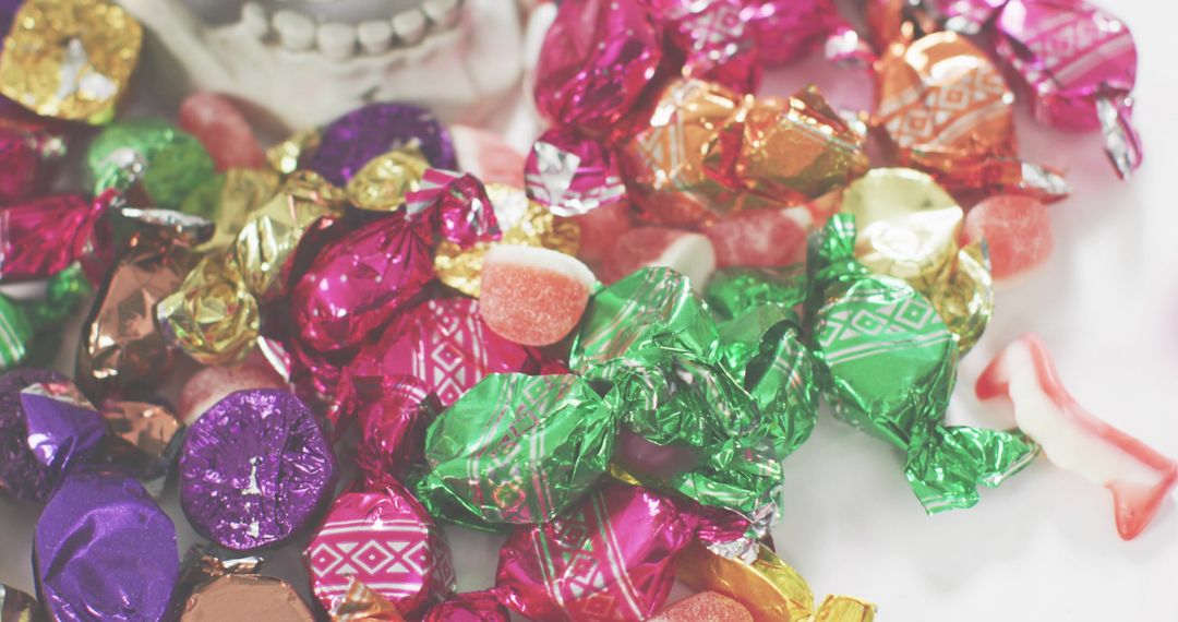 Glistening Heap of Assorted Foil-Wrapped Candies and Gummy Pieces on White Tabletop