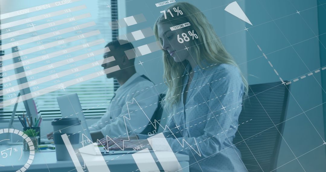 Business Team Analyzing Data with Digital Infographics in Modern Office