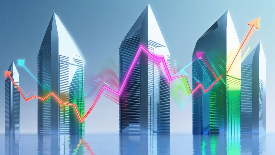 Futuristic Skyscrapers with Neon Graph, Urban Innovation Concept