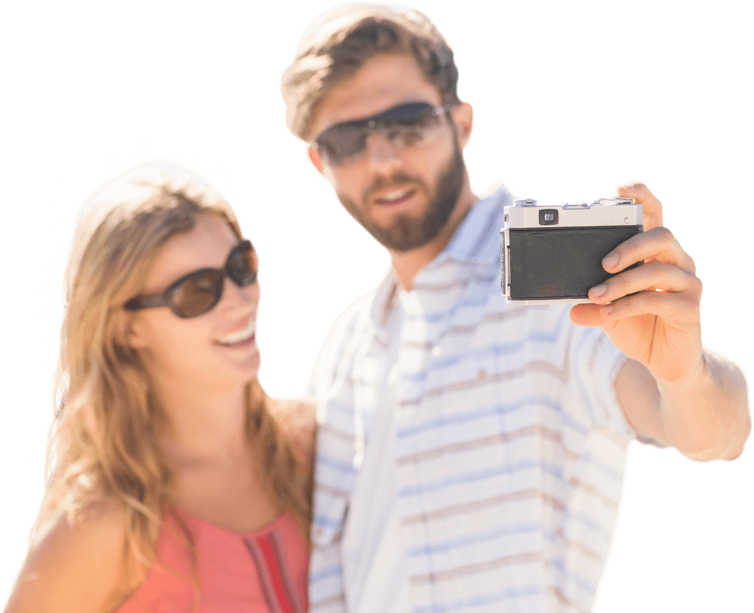 Caucasian Couple Taking Selfie Photo with Camera Transparent Background