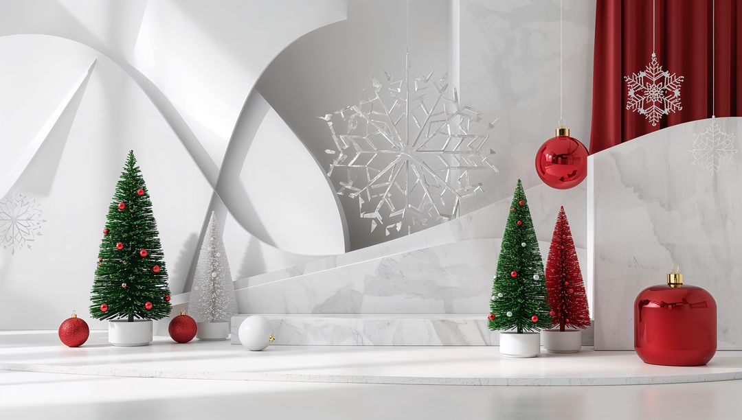 Elegant Christmas Trees and Ornaments with Red and Silver Accents