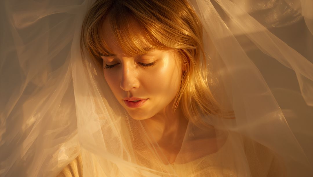 Blonde Woman Resting Under Golden Veil with Soft Translucent Light