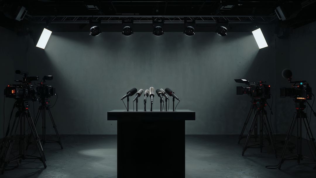 Podium Setup with Microphones Under Professional Studio Lighting