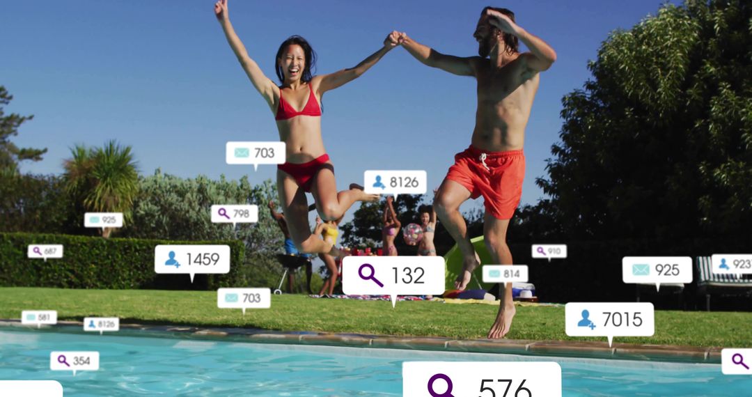 Jumping couple holding hands midair over pool with social media notification overlays