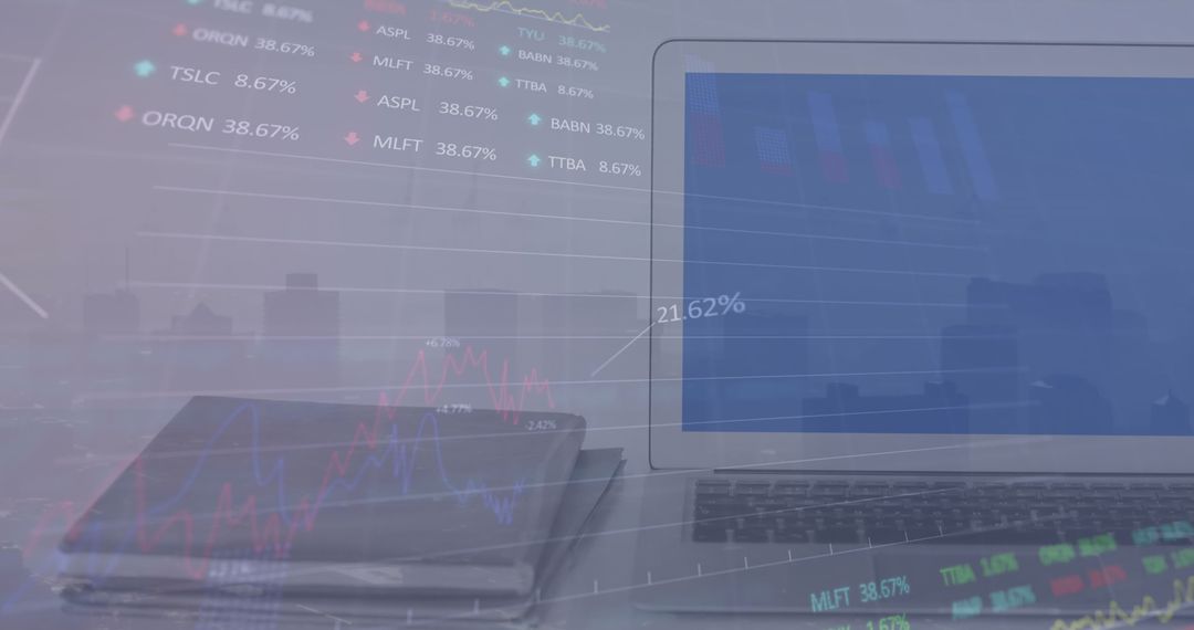 Stock Market Analysis overlaid Computer with City Background