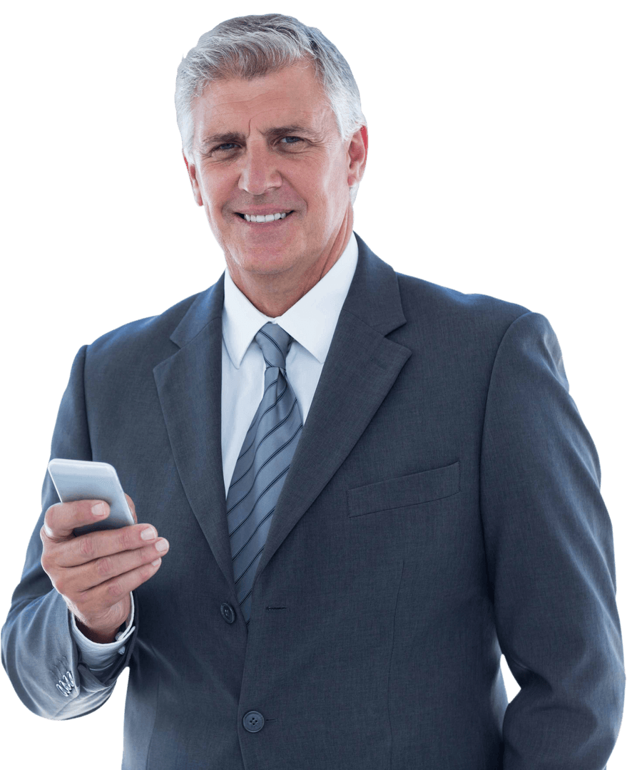 Confident Businessman Holding Smartphone in Transparent Background