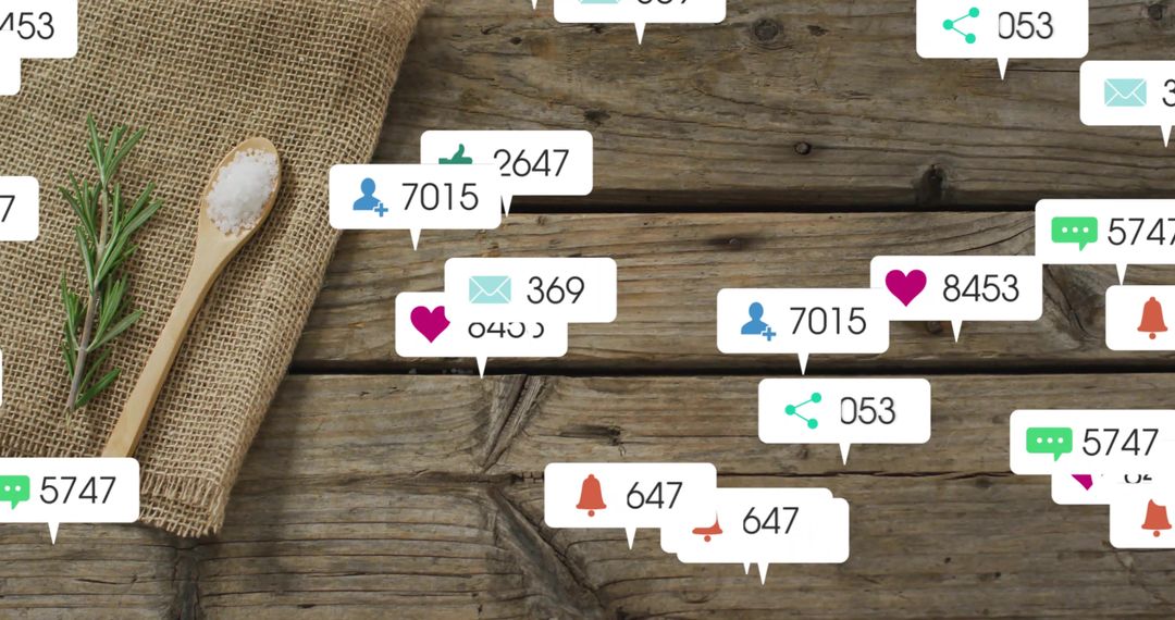 Culinary Ingredients on Rustic Table with Floating Social Media Notifications