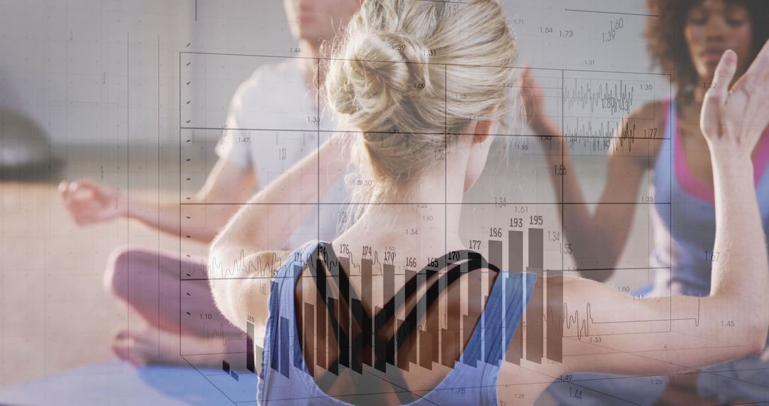 Woman Practicing Yoga with Overlay of Analytics for Wellness Insights