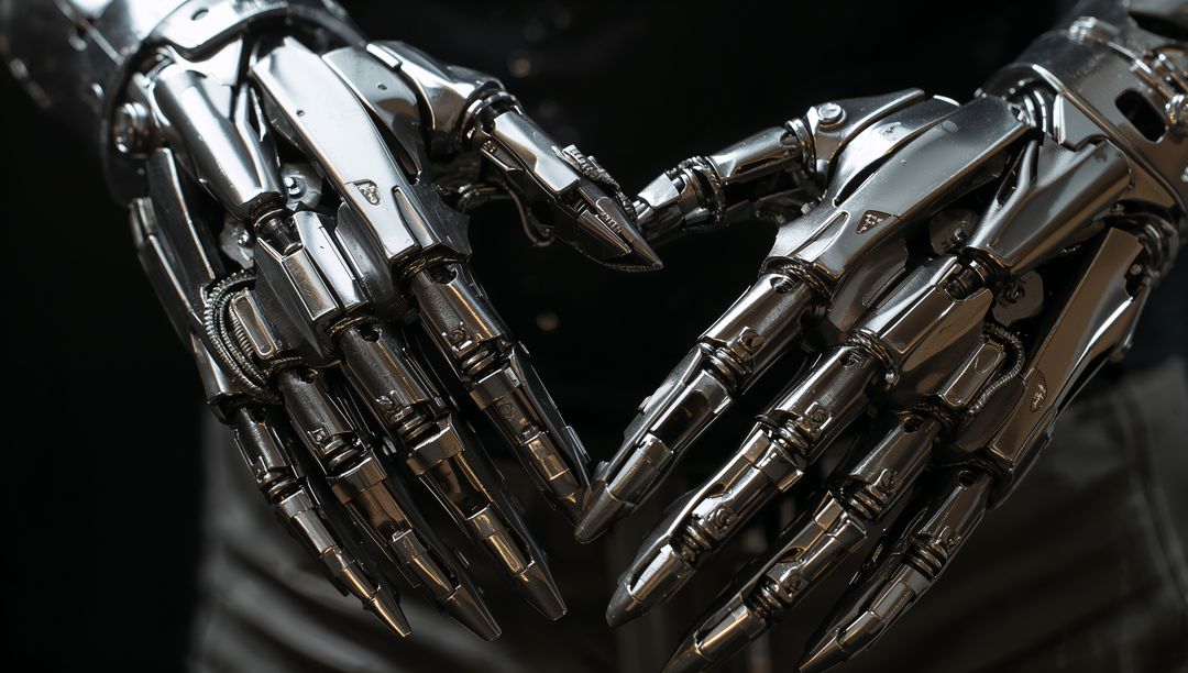 Chrome Robotic Hands Forming Heart Shape Macro Close-Up of Articulated Cybernetic Fingers