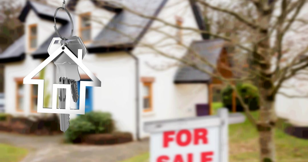 House Key Hanging in Front of Blurred Home with For Sale Sign