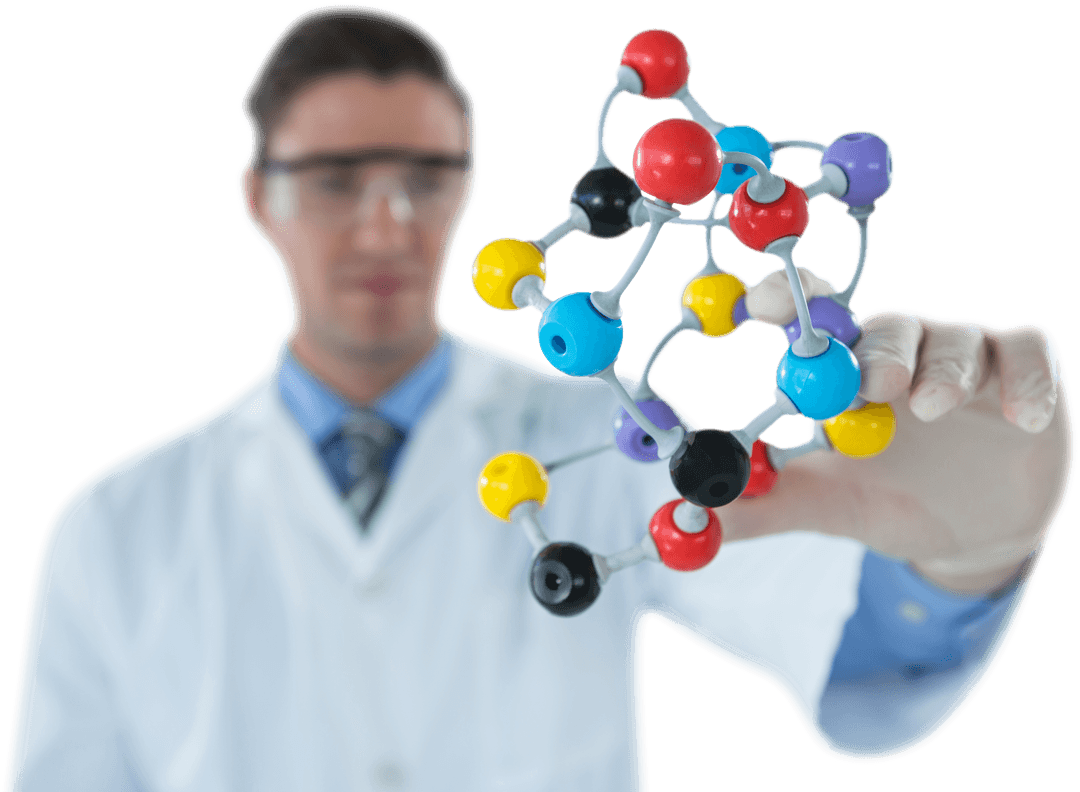 Scientist Analyzing Transparent Molecular Structure in Laboratory