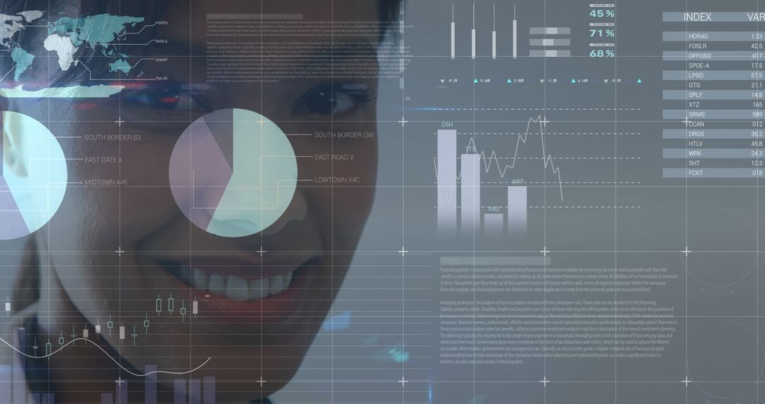 Woman Entrepreneur Analyzing Digital Business Interface with Charts and Stats