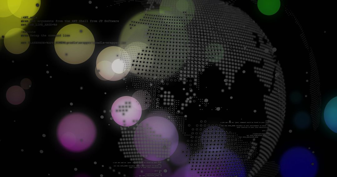Rotating Digital Globe Surrounded by Code and Colored Lights