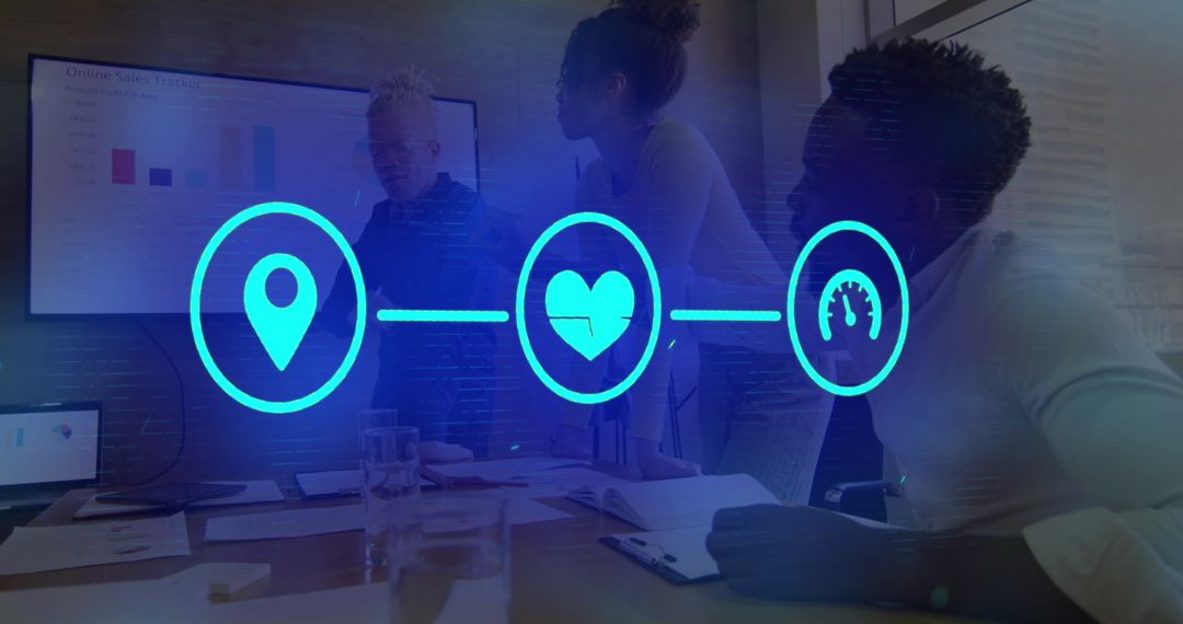 Diverse Team Discussing Data with Digital Composite Graphics