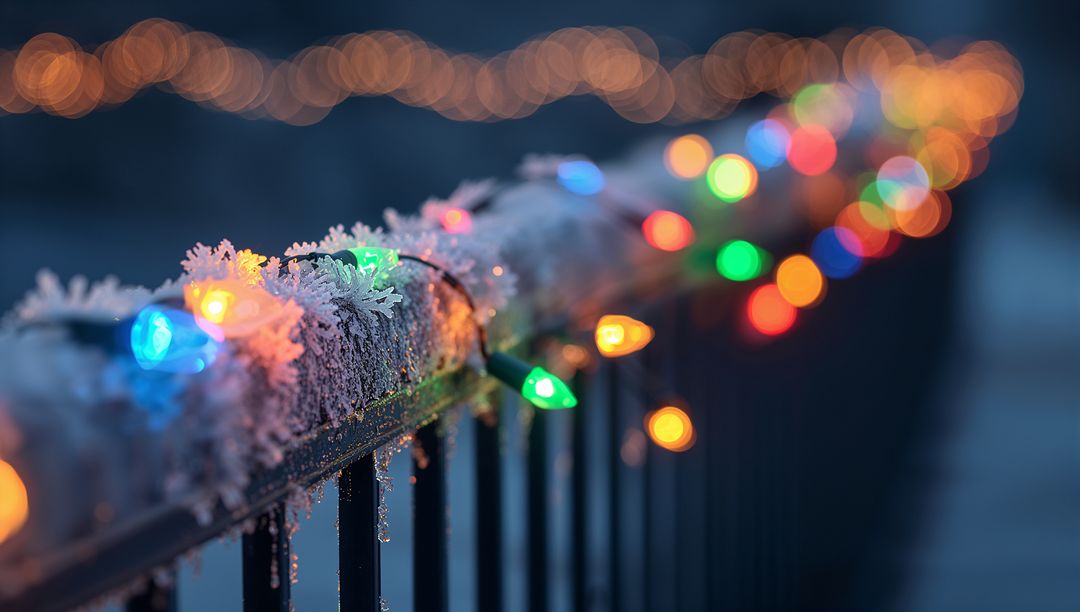 Glowing frosted railing wrapped in multicolor Christmas lights at twilight bokeh festive