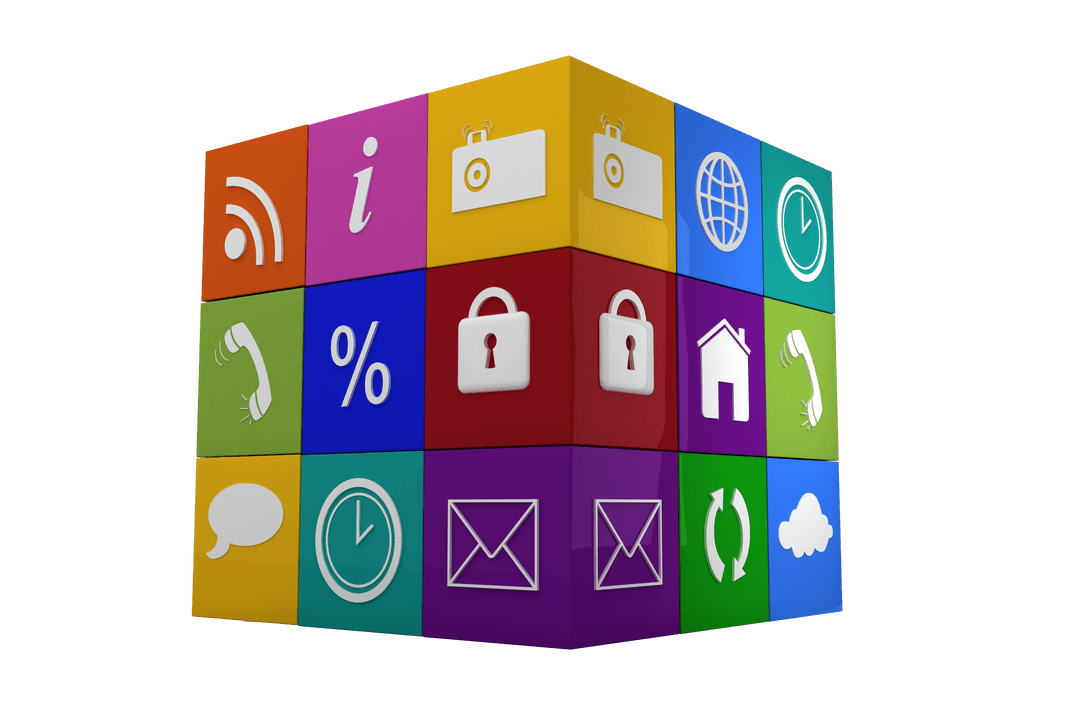 Colorful Digital Cubes with Social Media and Security Icons on Transparent Background