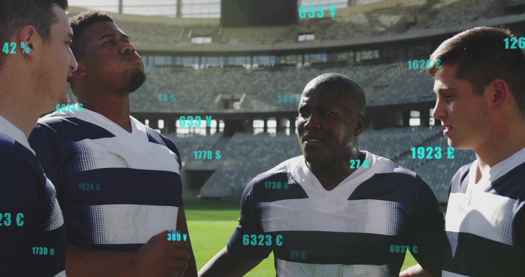 Rugby Players Huddling While Digital Performance Metrics Overlay Stadium Field