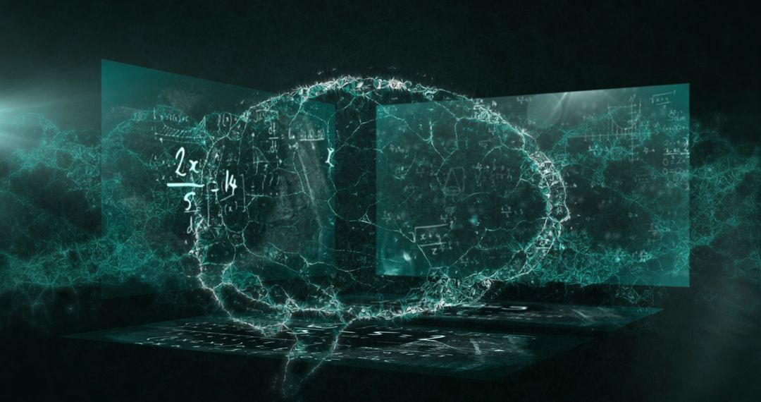 Futuristic Brain Hologram Displaying Complex Math