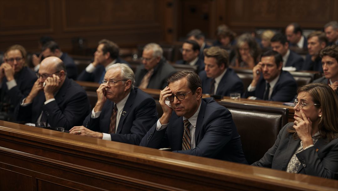 Legislative hearing with attentive officials listening and taking notes in somber chamber