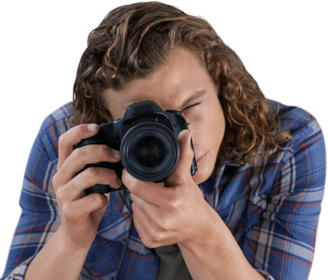 Transparent Studio Photographer with Digital Camera Capturing Frame