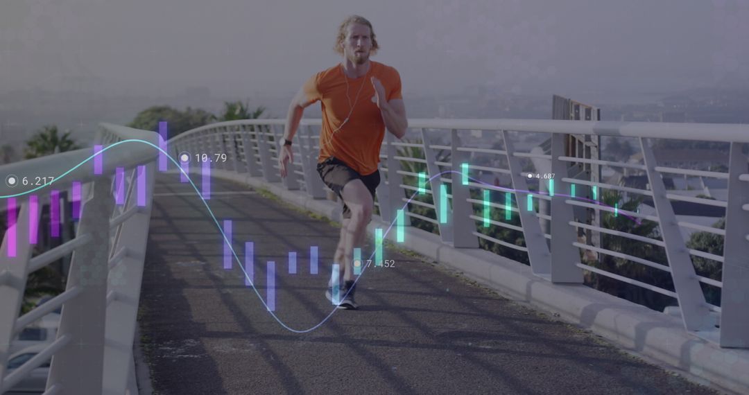 Caucasian Man Running with Financial Data Overlay in Urban Environment