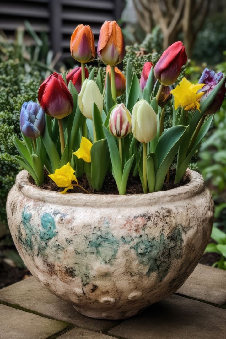 Colourful tulips in ceramic planter in garden, created using generative ai technology - Free Images, Stock Photos and Pictures on Pikwizard.com
