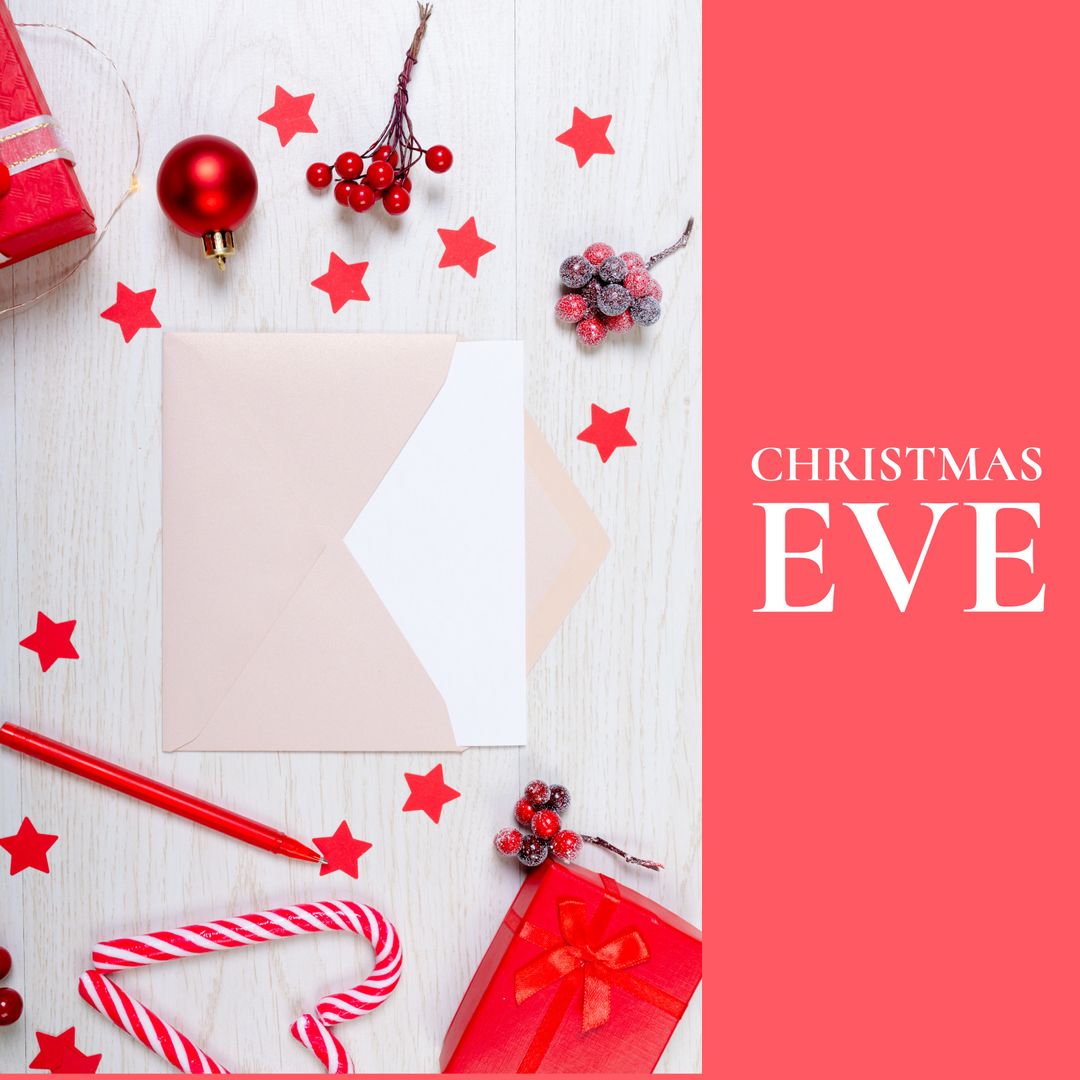 Christmas Eve Decorations and Greeting Card on Wooden Table