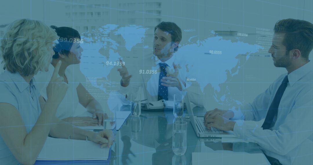 Business Team Collaborating in Modern Office with Global Map Projection