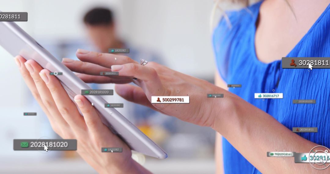 Woman Tapping Tablet With UI Overlays Showing Analytics Dashboard and Team Collaboration
