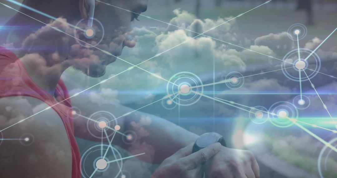 Male Athlete Using Smartwatch with Digital Network Overlay