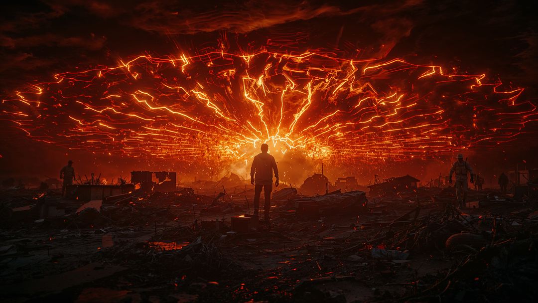 Person facing apocalyptic vortex with airstrikes debris surrounding