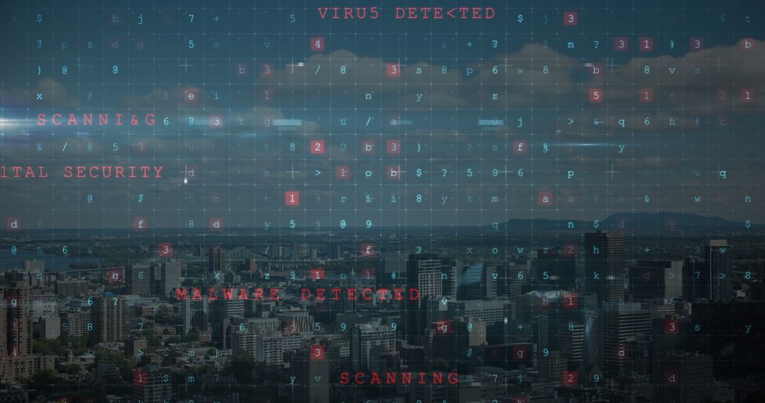 Cybersecurity and Cyber Crime Text Overlay Cityscape