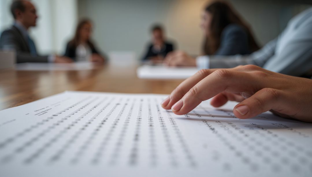 Analyzing Data: Hand Pointing at Spreadsheet During Business Meeting
