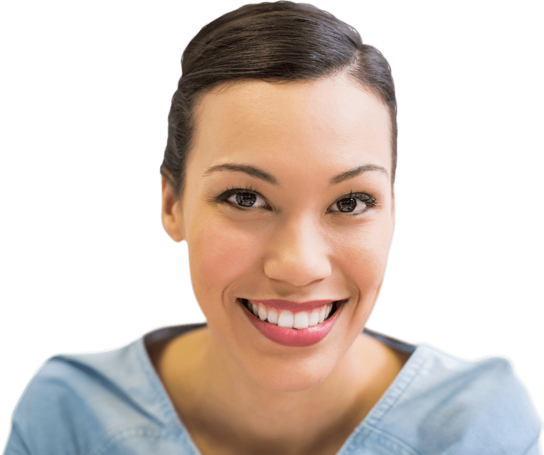 Transparent Smiling Woman Looking Directly at Camera