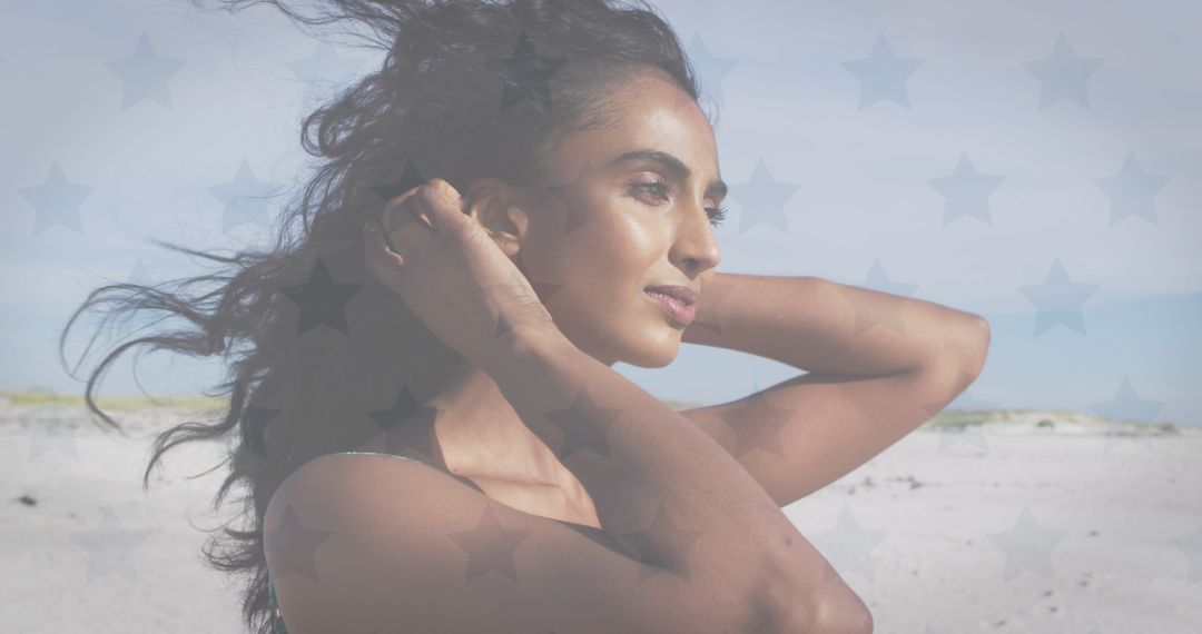 Woman on Beach with American Flag Overlay Background