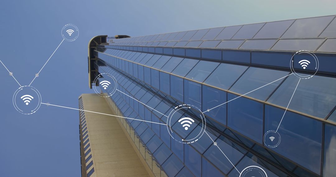 Modern Building with Digital Network Interface Overlay