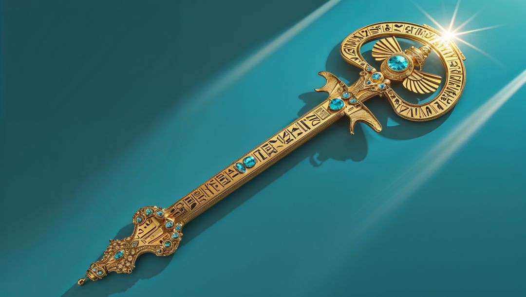 Ornate Golden Key with Mystical Engravings and Turquoise Gemstones