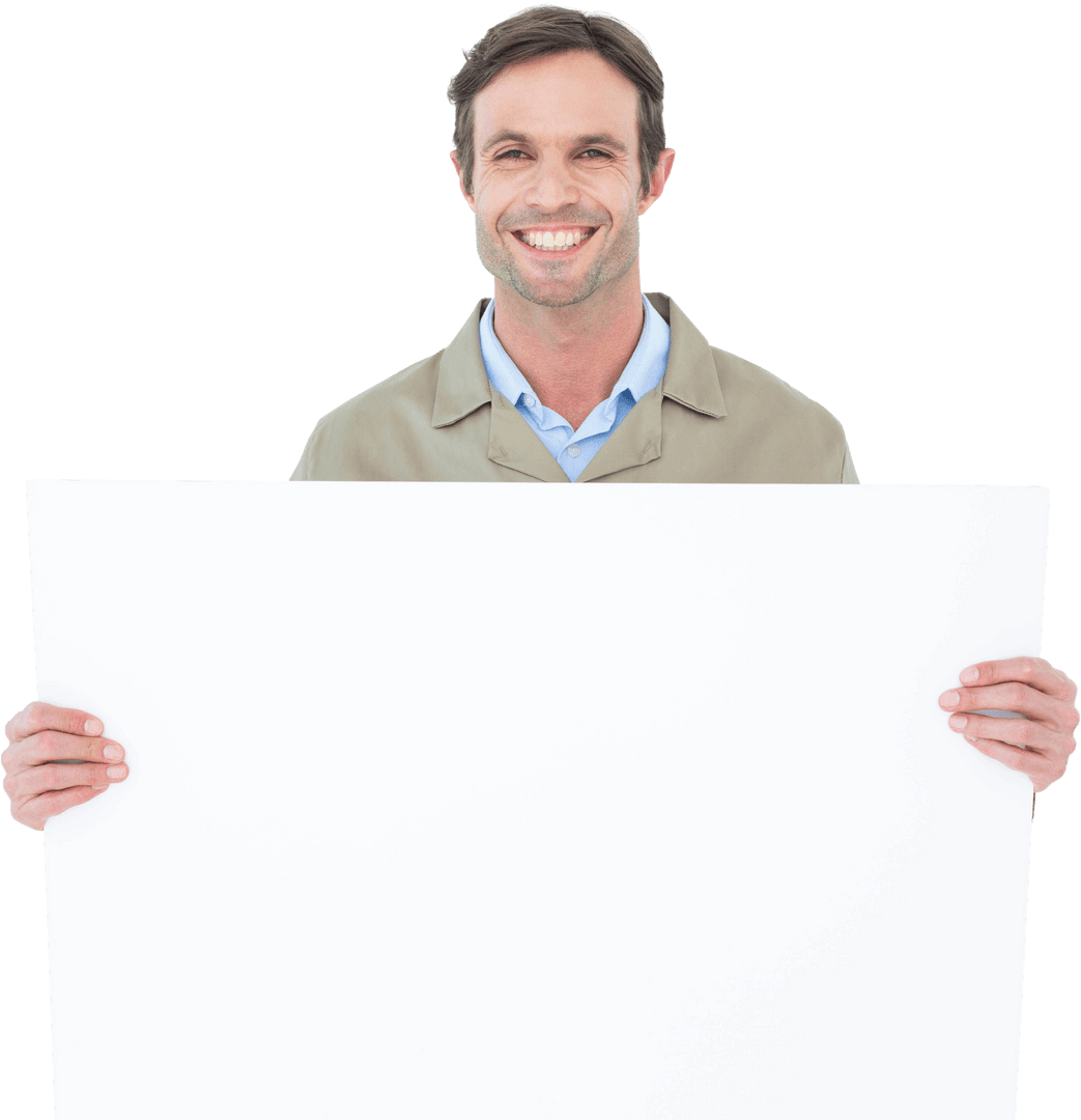 Smiling Delivery Man Holding Transparent Blank Sign
