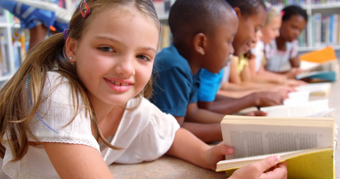 Diverse Children Smiling and Reading Books Together in Library - Free Images, Stock Photos and Pictures on Pikwizard.com