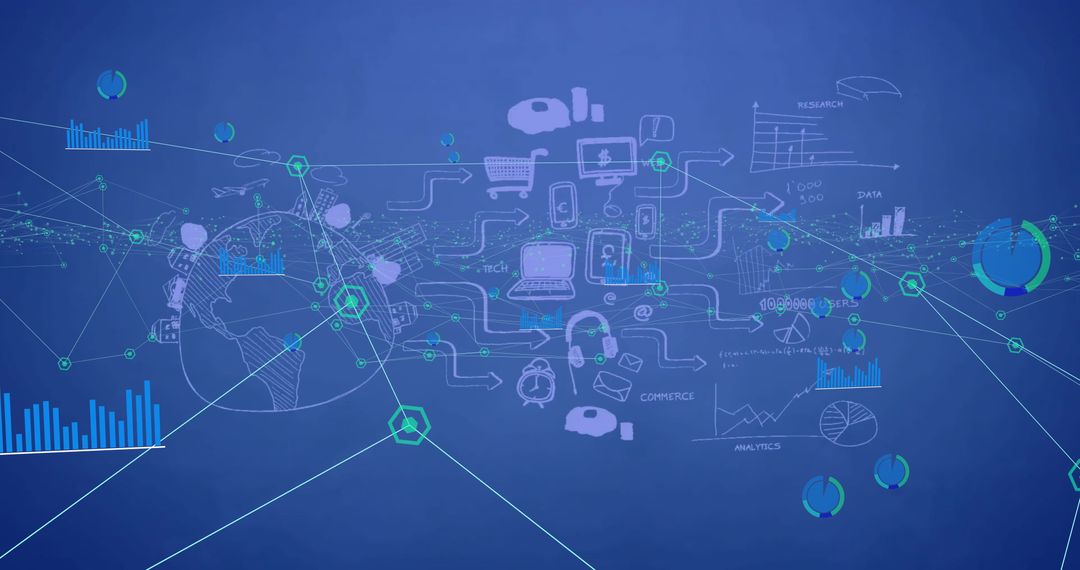 Digital Networking and Data Processing Visualization on Blue Background