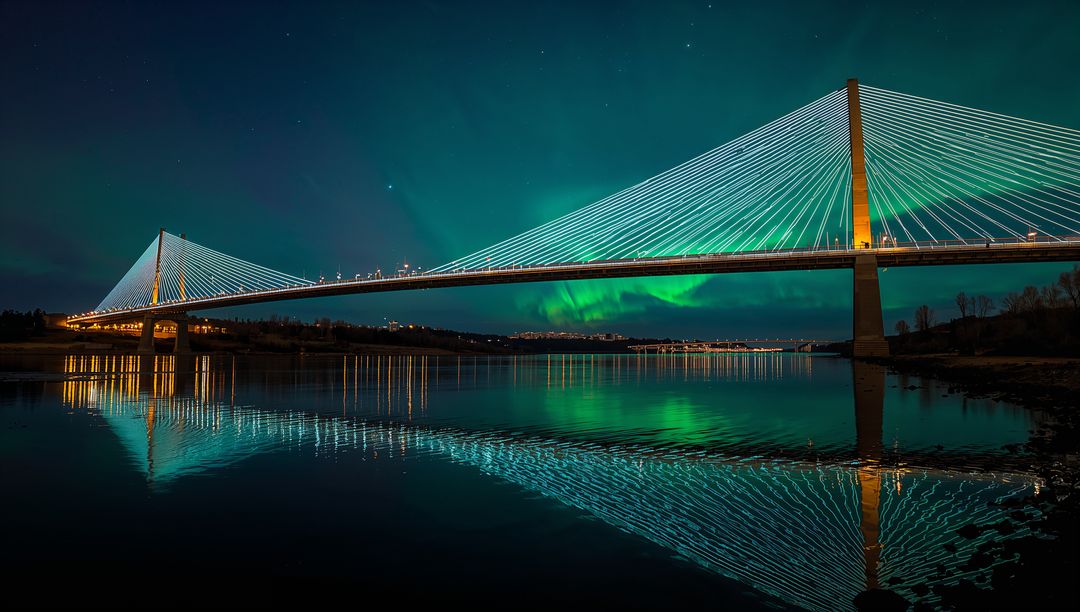 Illuminated Cable-stayed Bridge Reflecting Aurora Borealis Over Mirrorlike River Nightscape